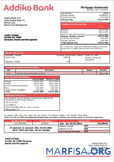Blank Bosnia and Herzegovina Addiko bank mortgage statement scr download for verification